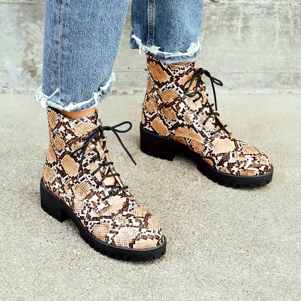 Tan Snake Print Lace-Up Ankle Boots
